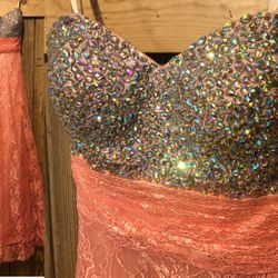 Salmon lace jeweled bust strapless empire waist, A-line formal evening gown, 00