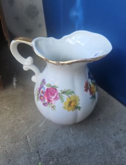 Vintage Floral Porcelain Pitcher with Gold Trim