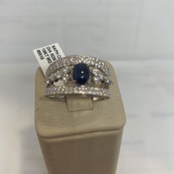 18 K W GOLD SAPPHIRE CAB DIAMOND RING 
