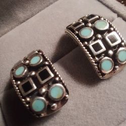  Genuine Blue Turquoise & Black Onyx Earrings.  Solid Sterling Stamped 925.  Box Included.