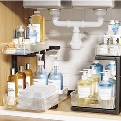 2 Pack Under Sink Organizer, 2-Tier Pull Out Cabinet Organizer, Elegant Acrylic Under Sink Storage Shelf for Kitchen Bathroom Cabinet, L-Shaped Adjust