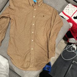 Polo Ralph Lauren Men's L Linen Classic Fit Tan Long Sleeve Button Down Shirt