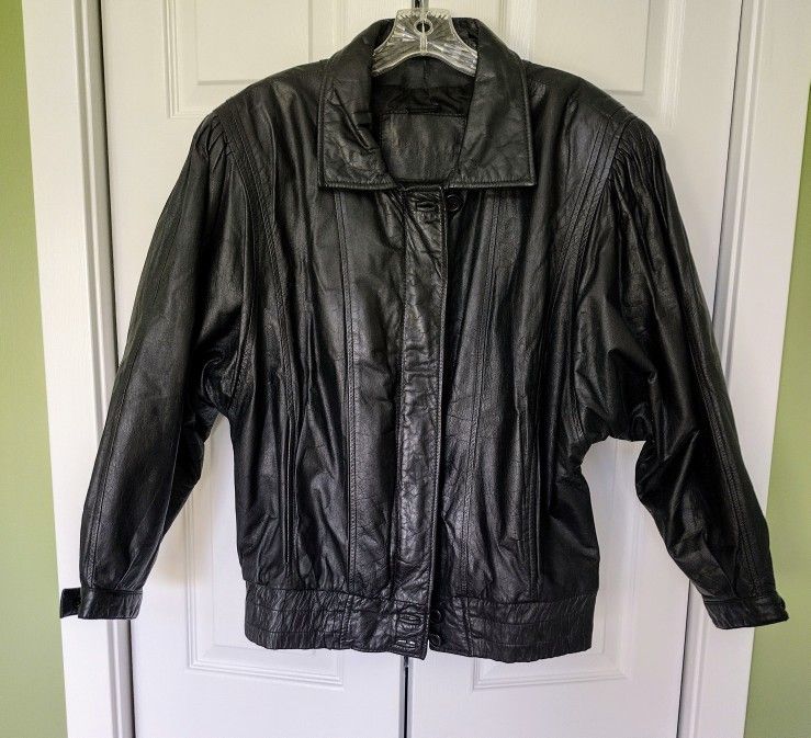 Black Leather Bomber Style Women's Jacket