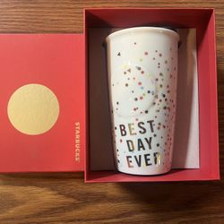 2015 Starbucks Gold Dot “Best Day Ever” Ceramic Coffee Cup With lid