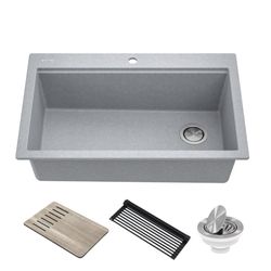 Kraus Bellucci 33" Drop In Single Basin Granite Composite Kitchen Sink with Basket Strainer, Cutting Board, and Drain Board Model: KGTW2-33MGR | Item: