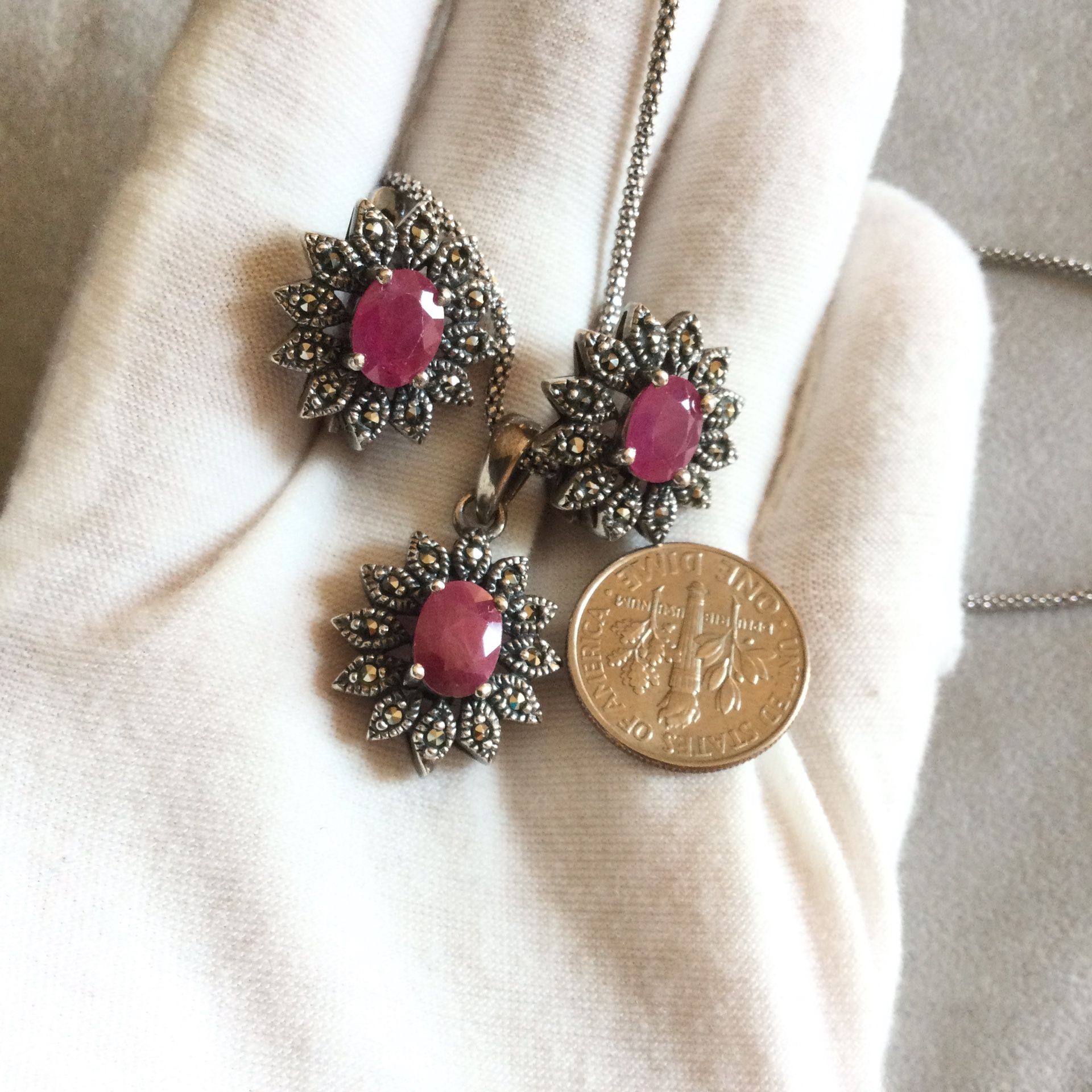 925 Sterling Silver Ruby And Marcasite Diamond