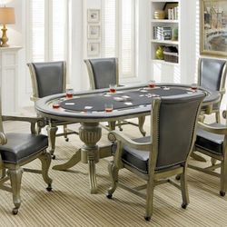  7 pc Melina gray finish wood contemporary style oval poker game/ dining table set, Card table, Elegant poker table with chairs, wood poker table