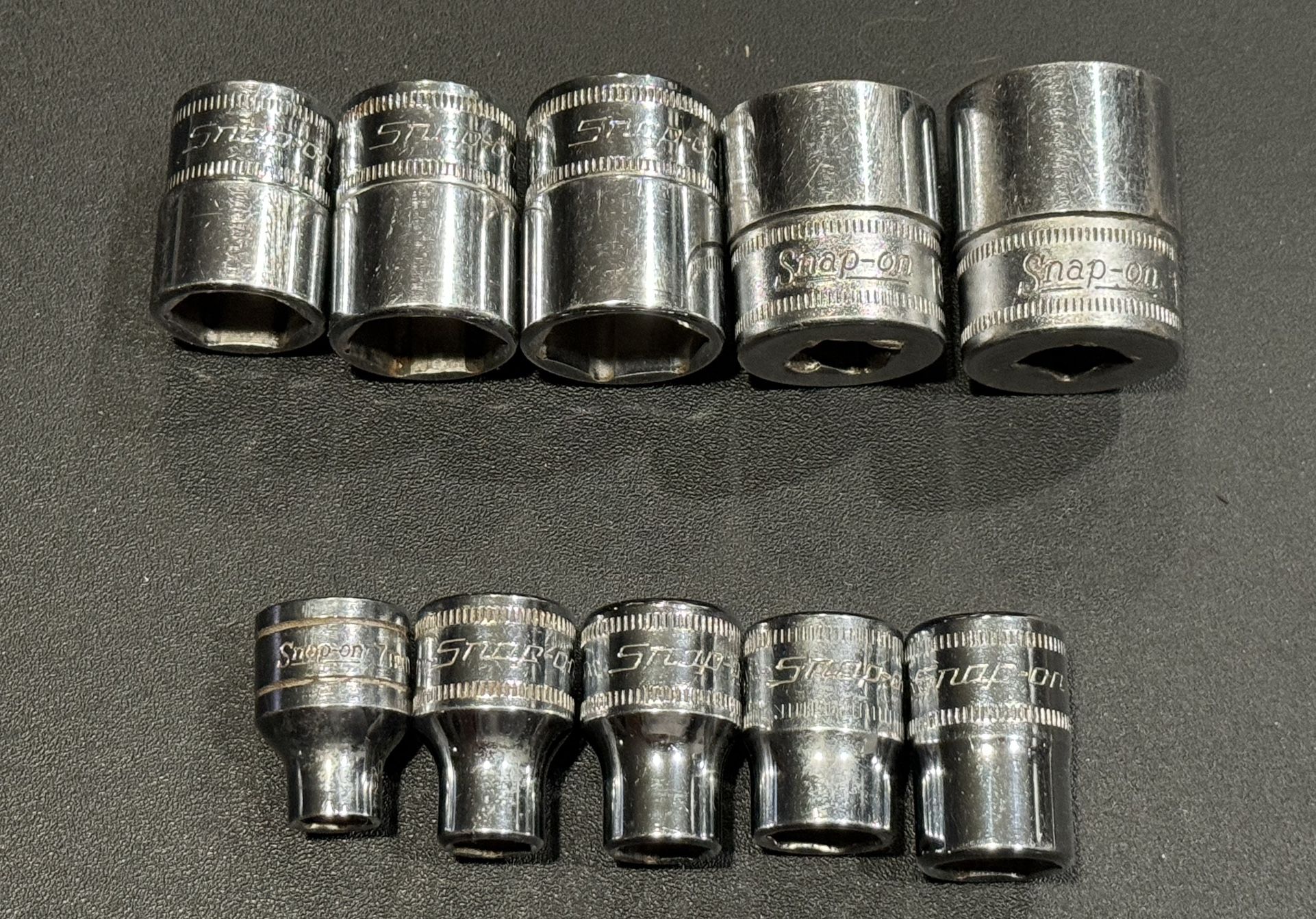 Snap On Tools Metric FSM Series Shallow Sockets 3/8” Dr 6Pt. 10 piece set. Includes 7,8 9,11,12,14,16,17,18,19mm