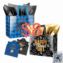 XiaosRen 12.6" Happy Father's Day Reusable Gift Bags with Tissue Papers and Cards, 2Pack Large Non-Woven Father's Day Bags with Handles for Dad, Husba