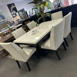 7PC White Marble Dining Table Set
