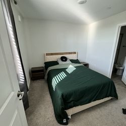 Bed frame + queen mattress + 2 night stands