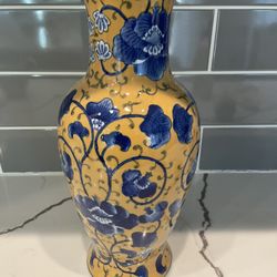 vintage Hand Painted yellow and cobalt blue floral Ceramic Vase