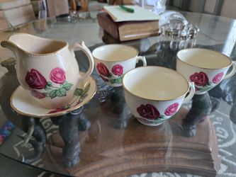Vintage Staffordshire Royal Swan Teacup, Creamer, Saucer, "Anniversary Rose