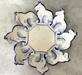 Vintage Blue & White Studio Art Pottery 8 Cats Trinket Bowl Unique Signed