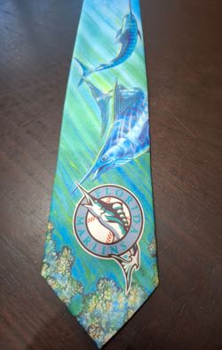 Vintage 90s Florida Marlins Ralph Marlin Necktie MLB Baseball Retro Fish Blue