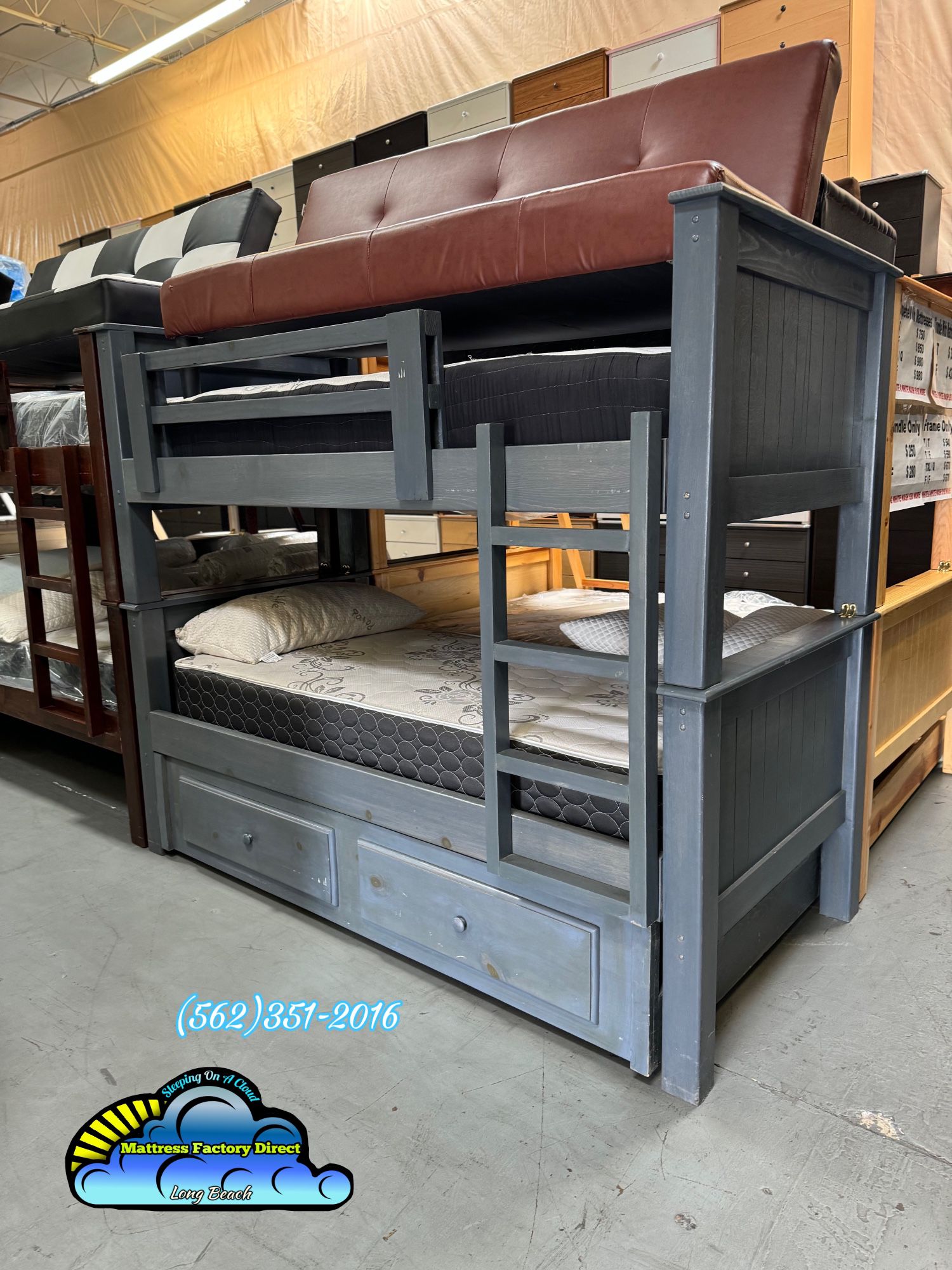 Twin / Twin / Twin Grey Solid Wood Bunk Bed Litera Complete Set With All Three Mattresses 