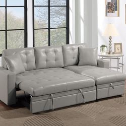 Brand New Grey Leather Sectional Sofa Storage Sleeper 