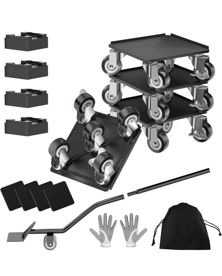 Heavy Duty 1500LBS Furniture Dolly & Movers with 5X 360° Wheels - Carbon Steel Panel & Non-Slip Casters, Includes Lifter Jacks, Gliders for Sofa, Refr