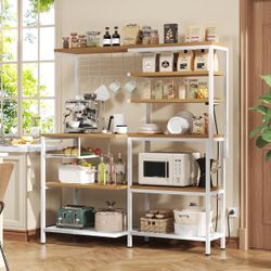 L-Shaped Bakers Rack with Power Sockets, 6-Tier Microwave Stand with Hooks, Coffee Bar with Open Storage, Mesh Grid, Kitchen Shelf with Wire Basket, W