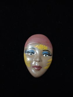 Vtg Hand Painted  Clay Mask Brooch by Carol