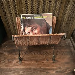 Mid-century Modern Wicker & Wrought Iron Record Rack (Foldable)