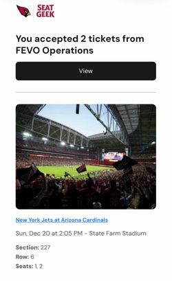 2 Tickets to Cardinals v Jets football tickets on Fourth Wing Night
