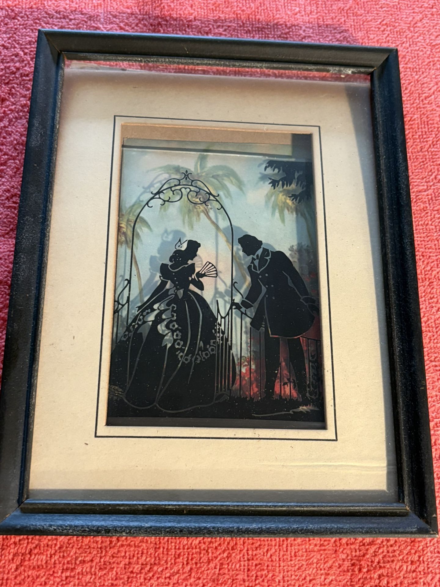 Vintage Silhouette 1920's 1930's Man Courting Woman Colorful Background Antique Print on Glass