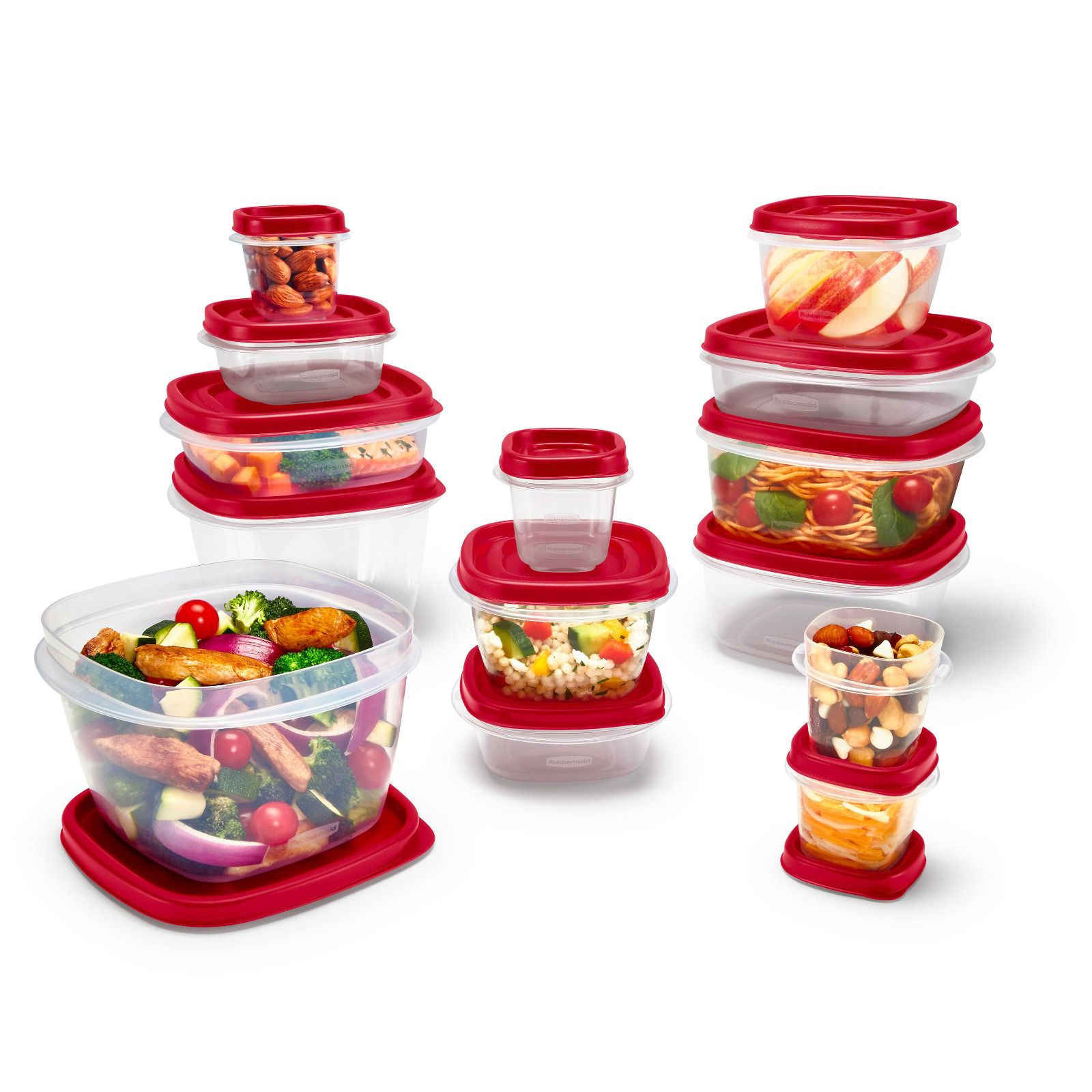 Rubbermaid Easy Find Vented Lids Food Storage Containers, 28-Piece Set Bonus, Racer Red