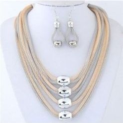 BEADS GOLD TONE DECORATED ADJUSTABLE MULTI LAYER CHAINS NECKLACE EARRINGS SET