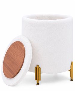 White Faux Fur Storage Ottoman with Gold Metal Legs 17” Round - NEW