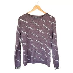 Bebe Logo Sweater Women’s Large Brown White Logo Crew Neck Long Sleeve