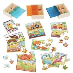 Explore 12 fun puzzles with the Pack o' Puzzles 3-pack from B. toys! This bundle includes 4 animal , 4 dino, and 4 truck-themed puzzles, packed into t