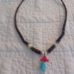 Vtg.Native Sterling Silver HEISHI & PUKA& TURQUOISE & CORAL NECKLACE-16 INCHES