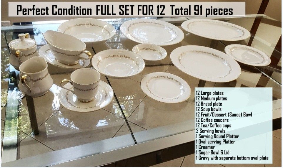 Vintage 1970 -91 Pcs Full Set Ivory Gold Leaf China