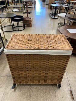 SONGMICS 160L Rattan Rolling Laundry Hamper 3-Section Basket w/ Wheels & Lid - Natural