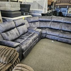Sectional Power 2 Recliner Blue Grey W Storage & Cup Holder $849