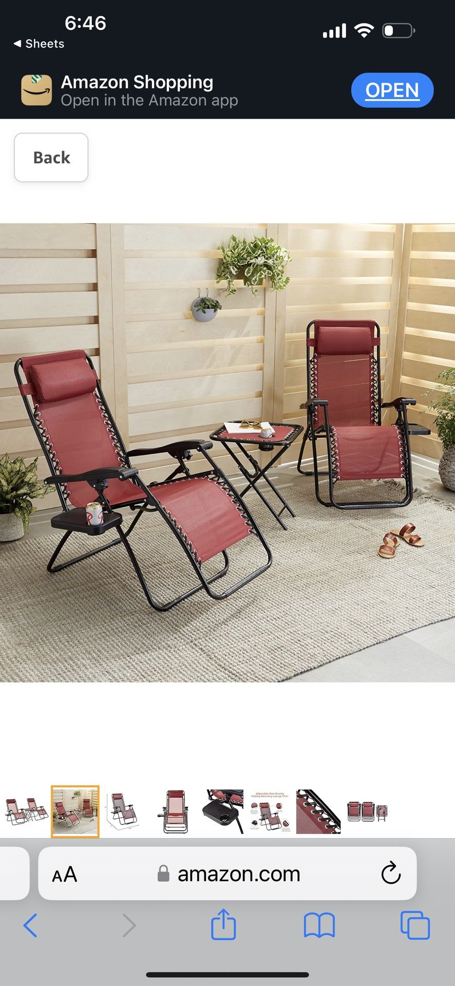 Amazon Basics Outdoor Textilene Adjustable Zero Gravity Folding Reclining 3-Piece Lounge Chair Set with Side Table, Pack of 2, Red