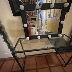 Small Glass Desk Vanity With Separate Lighted Mirror