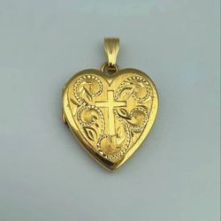 14k solid yellow gold heart cross medallion opening pendant charm