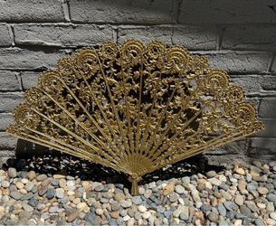 Large Vintage Gold Filigree Fan Burwood Wall Hanging Fan #4402 MCM Hollywood Regency Wall Art