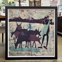 Framed African Batik Textile Wall Art, 35″ Square