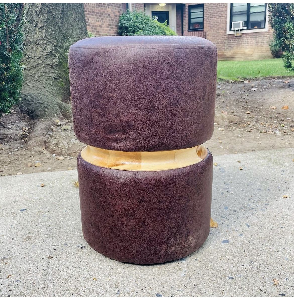 Small Round Brown Leather & Wood Stool