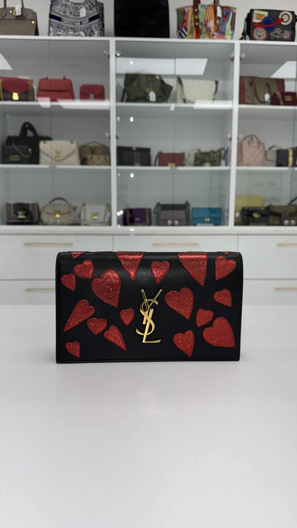 YSL Saint Laurent Kate Heart Patch Monogram Clutch Bag in Black