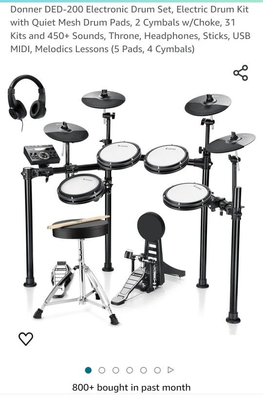 Donner DED-200 Electronic Drum Set, Electric Drum Kit with Quiet Mesh Drum Pads, 2 Cymbals w/Choke, 31 Kits and 450+ Sounds, Throne, Headphones, Stick