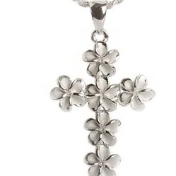 Sterling Silver Rhodium Plated 8mm Plumeria Cross Pendant