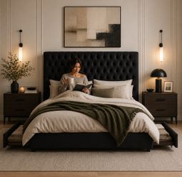 Queen Size Bed Frame 54" Tall Headboard with Gorgeous Button Tufted and Nail, Velvet Fabric Upholstered Bed Frame includes 4 Under-bed Storage Drawers