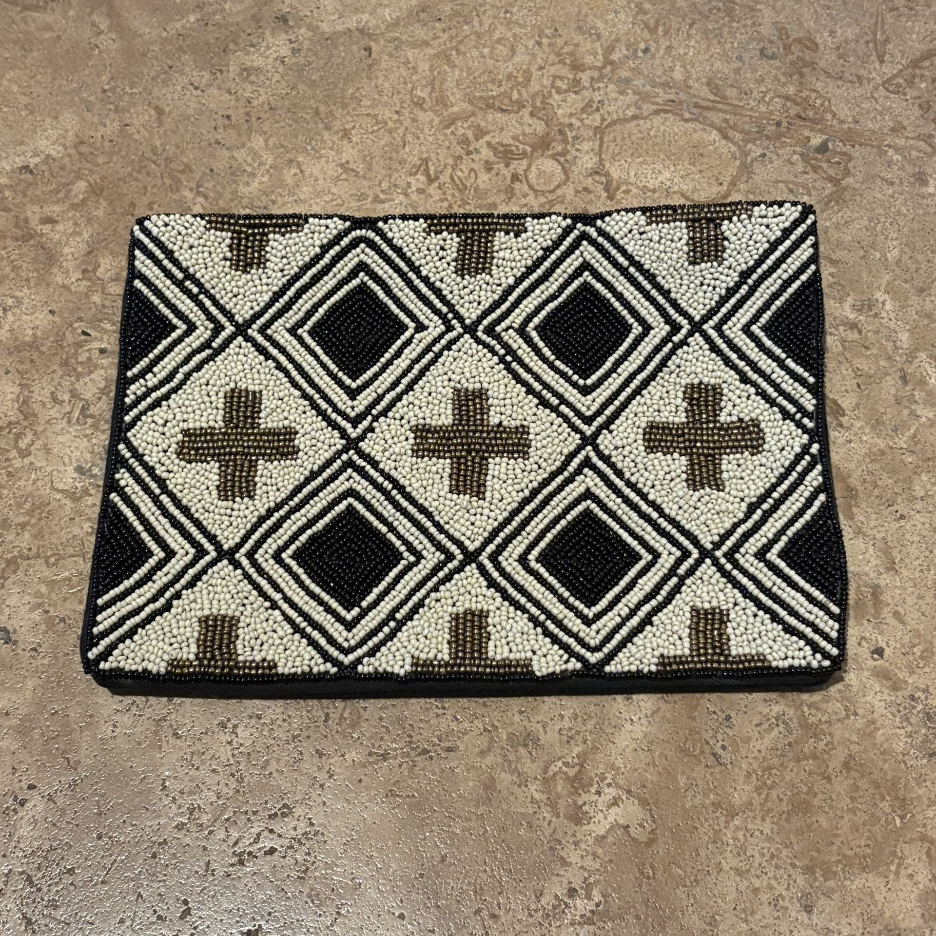 INK + ALLOY Blacks Ivory Gold Cross Geometric Beaded Clutch 6 1/2”x9”
