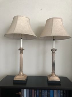 Pair of antique English bronze silvered MESSENGER table lamps