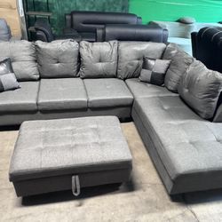 3 PCS Sectional Sofa Set, " W L-Shaped Sectional Couch with Storage Ottoman and Matching Pillows for Living Room Compact Space Furniture (Grey Line