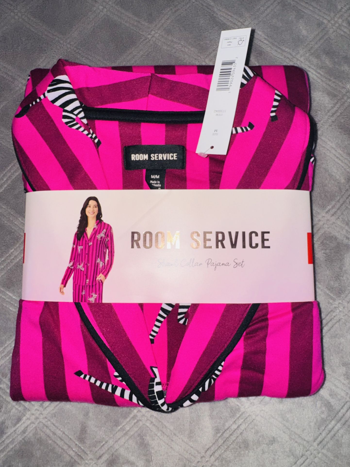 Room service shawl collar pajama set pink stripes with zebra size M New
